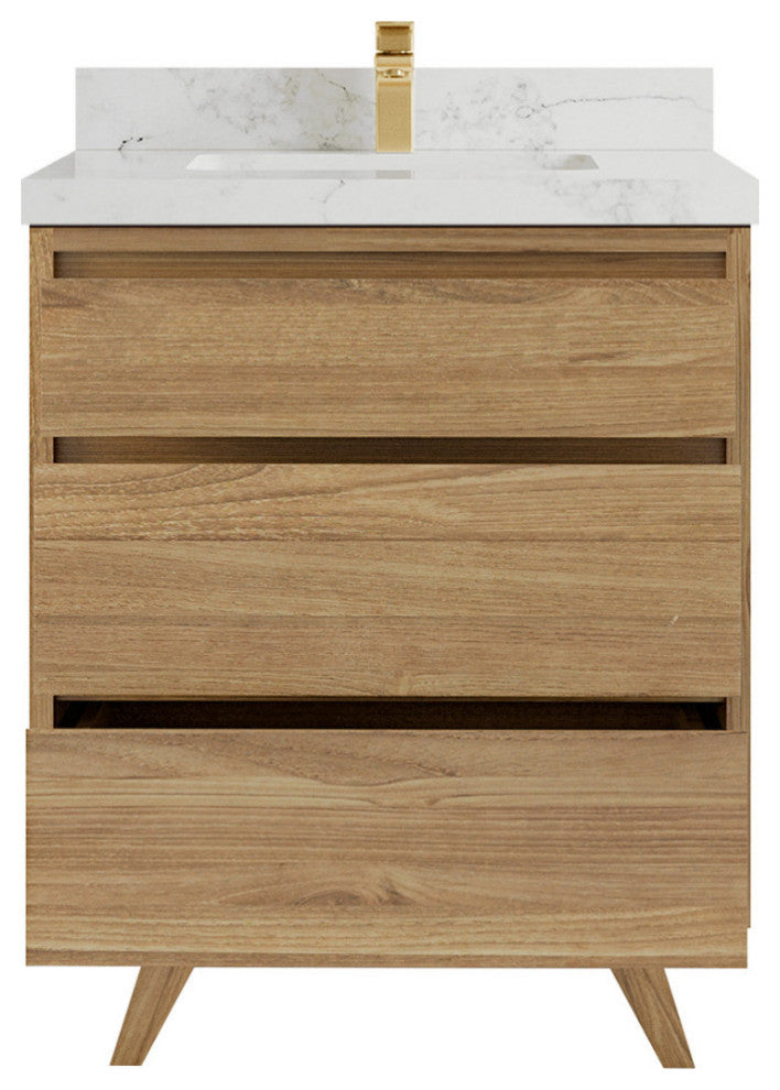Madison  Teak 30 Single Sink Bath Vanity Golden Teak 2" Calacatta Nuvo