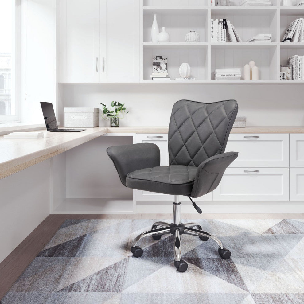 Computer Chair, Faux Vinyl Leather, Steel, Gray, Chrome, Business Office