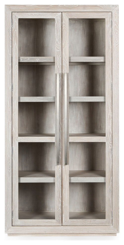 Front-facing view of tall cabinet with closed glass doors on a white background; entire product visible.