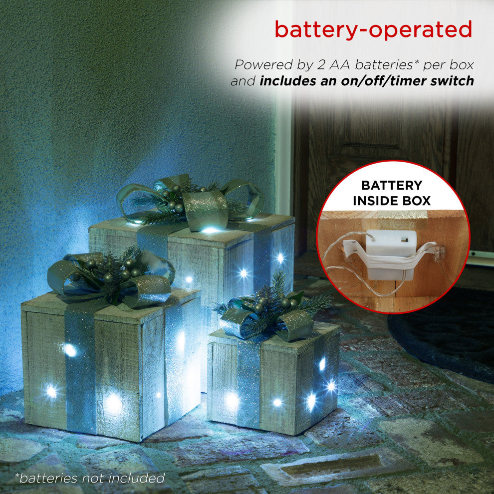 3-Piece Wooden Gift Box Christmas Decor with LED Lights, Silver