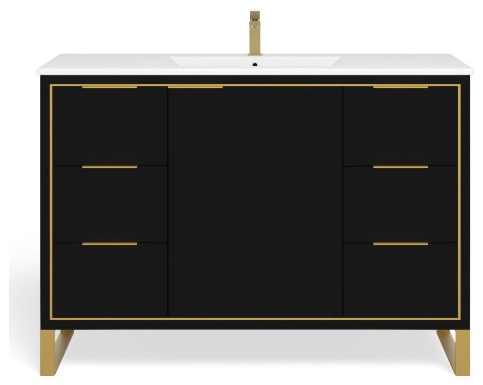 Bradford Bath Vanity, Black Matte, 48", Satin Brass Hardware, Single Sink, Freestanding