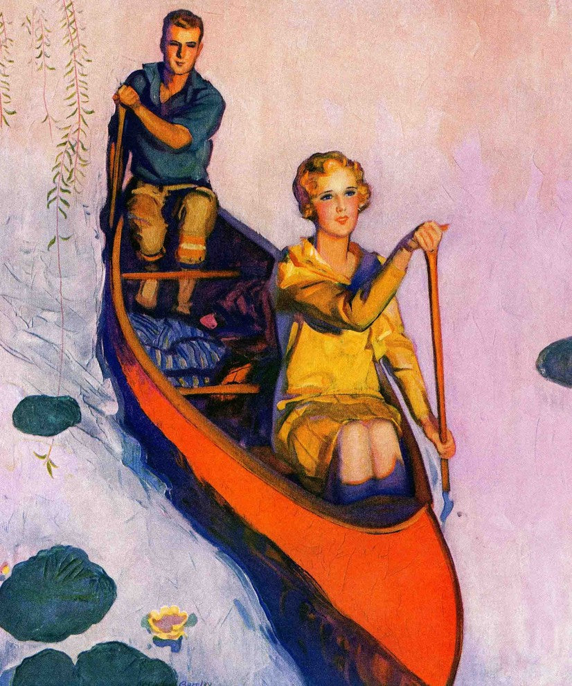 "Couple Paddling Canoe" Painting Print on Canvas by McClelland Barclay