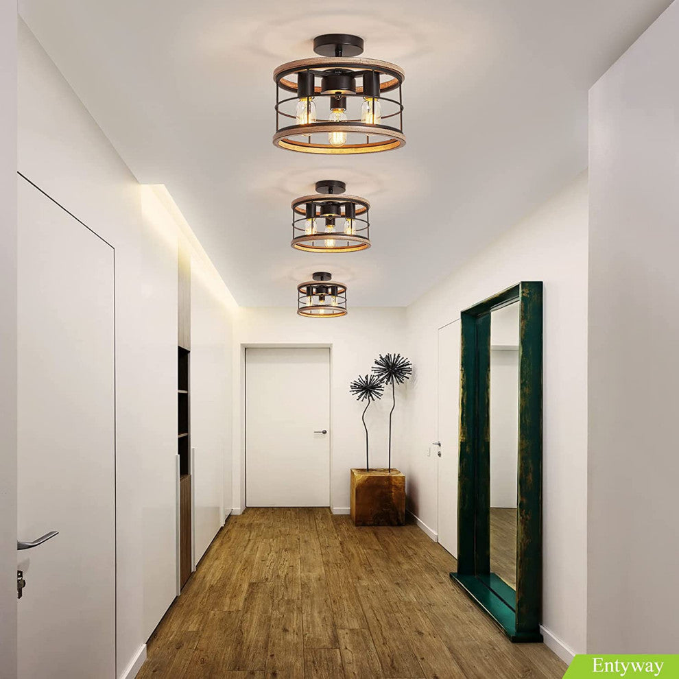 3 Light Industrial Semi Flush Mount Ceiling Lamp Vintage Farmhouse Wood Cage