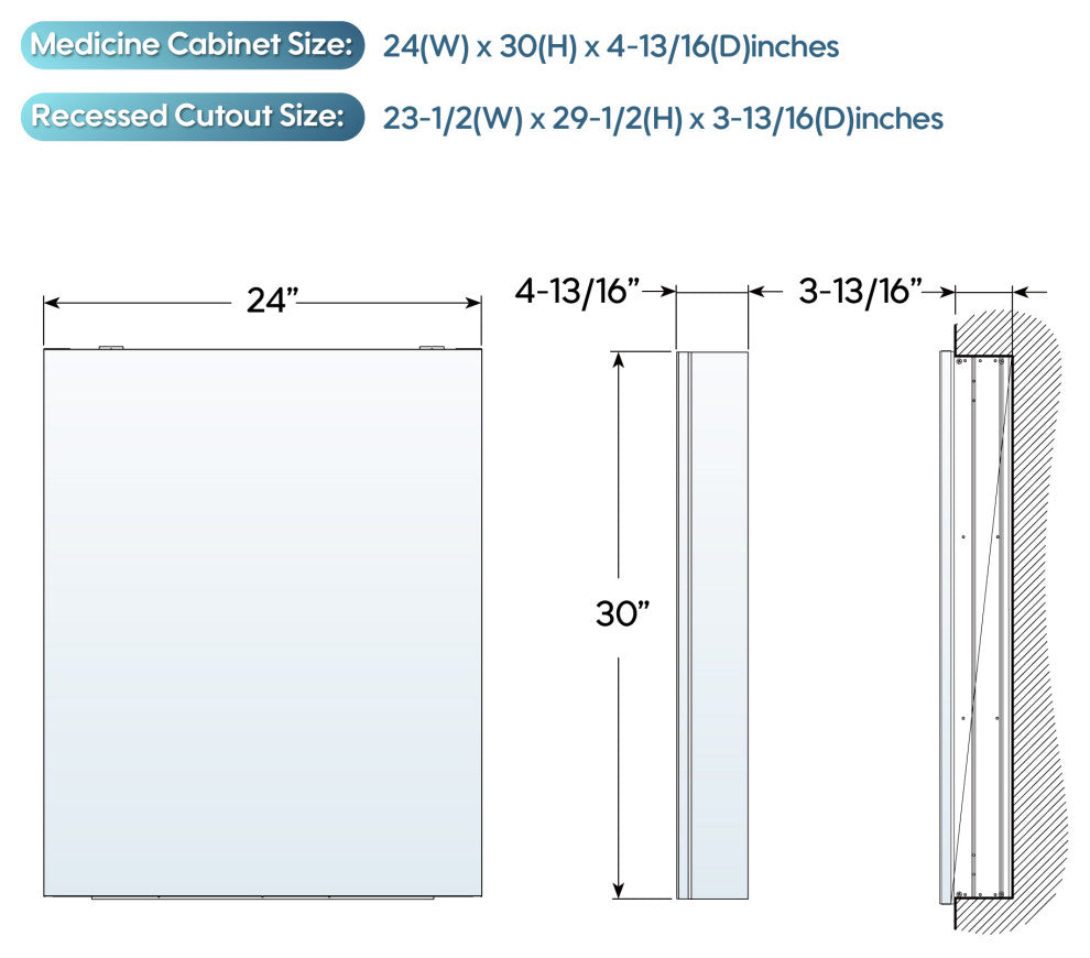 Recessed/Surface Mount Bathroom Medicine Cabinet, Soft-Close Blum Hinges, Left Swing, 24"x30"