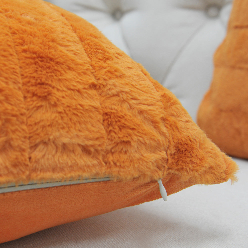 Rabbit Faux Fur Throw Blanket With 2 Pillows, Burnt Orange