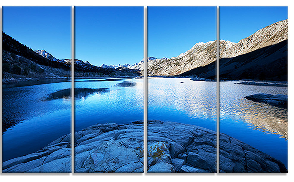 Amazing Blue Mountains Lake, Modern Landscape Canvas Art, 48"x28", 4 Panels