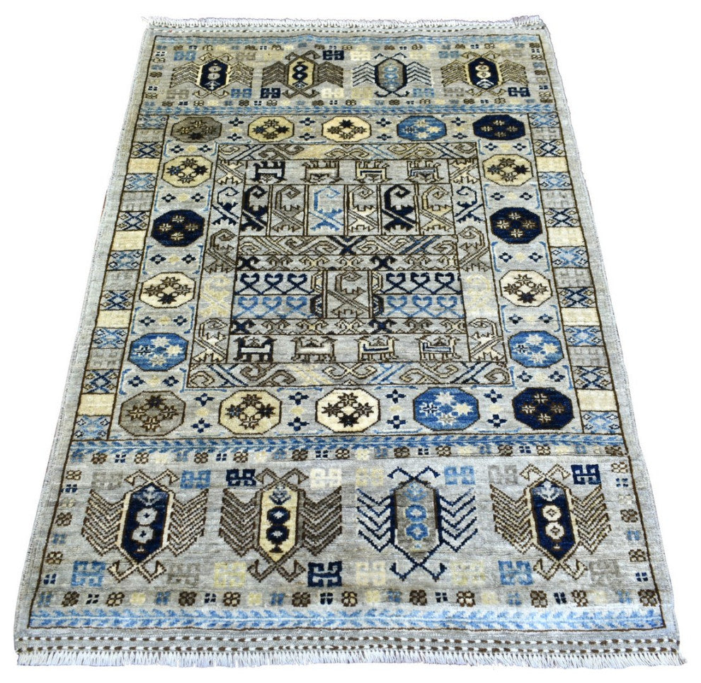 Gray Hand Knotted Natural Dyes Afghan Ersari Wool Hand Knotted Rug, 3'3" x 4'10"