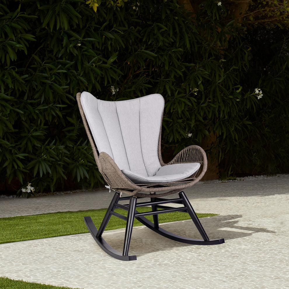 Fanny Outdoor Patio Rocking Chair, Dark Eucalyptus Wood And Truffle Rope, Dark Eucalyptus