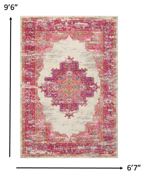 7 x 10' Ivory and Fuchsia Distressed Area Rug