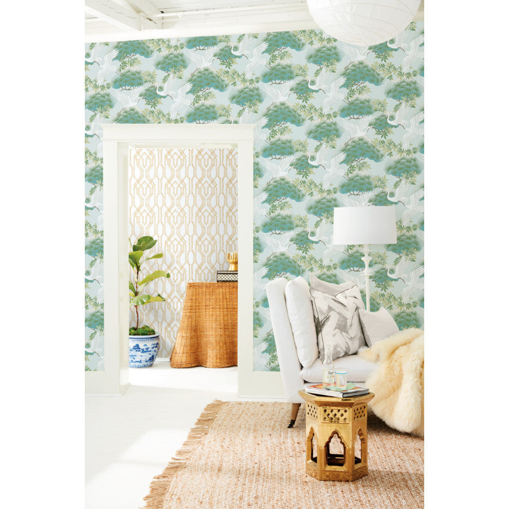 Sprig and Heron Wallpaper, Tame Teal