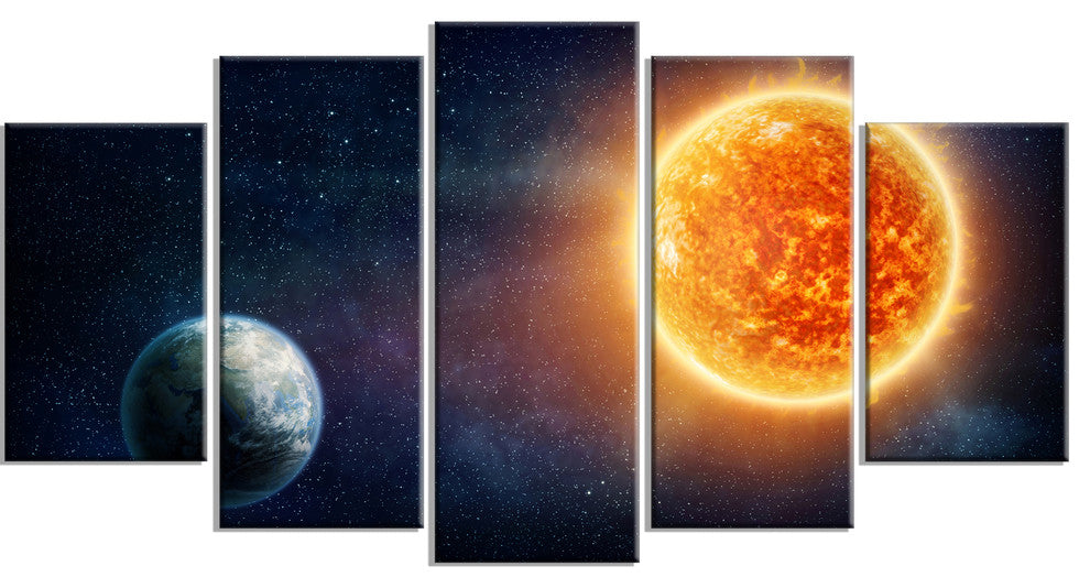 Planet Earth and Sun, Landscape Canvas Art Print, 60"x32", 5 Panels