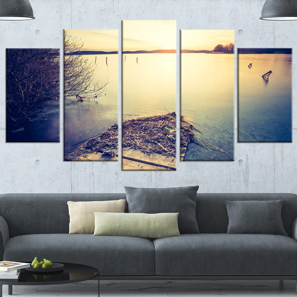 Amazing Sunset over Clam Lake, Landscape Canvas Art Print, 60"x32", 5 Panels