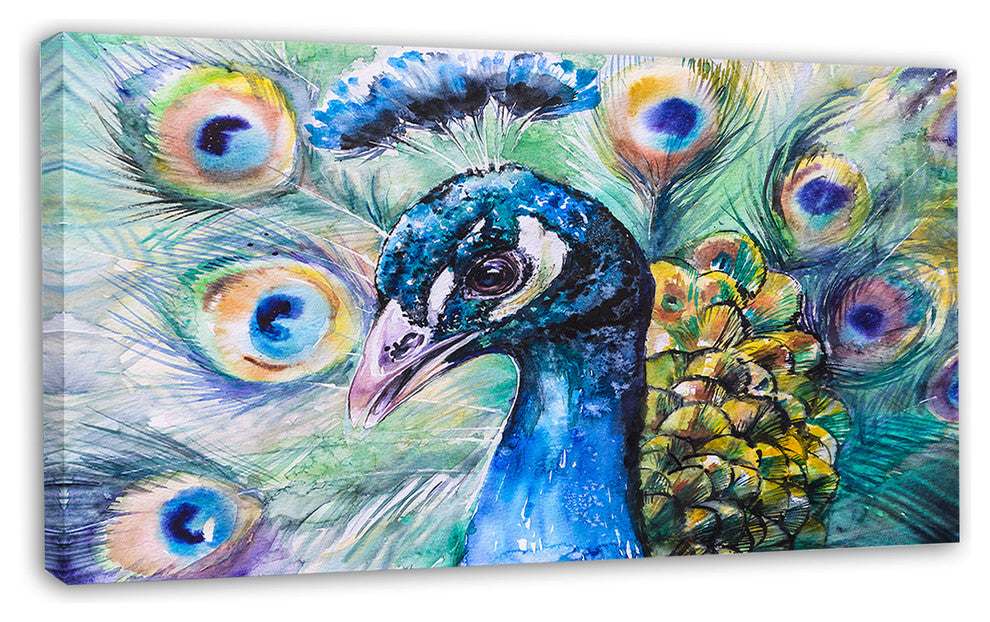 Beautiful Peacock Watercolor, Abstract Canvas Art Print, 32"x16"