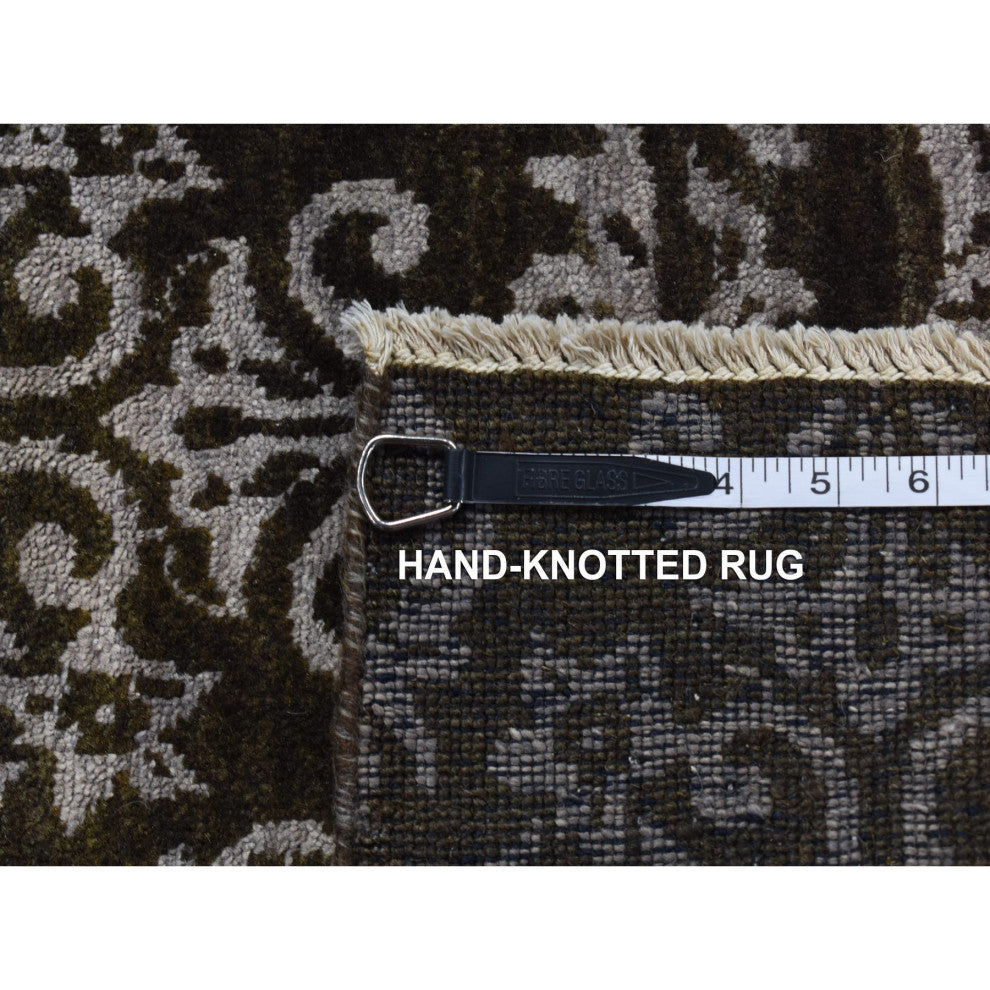 Green Abarasque Motif Design Wool and Silk Hand Knotted Runner Rug 2'4"x9'8"