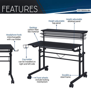 Rolling Writing Desk With Height Adjustable Desktop, Black