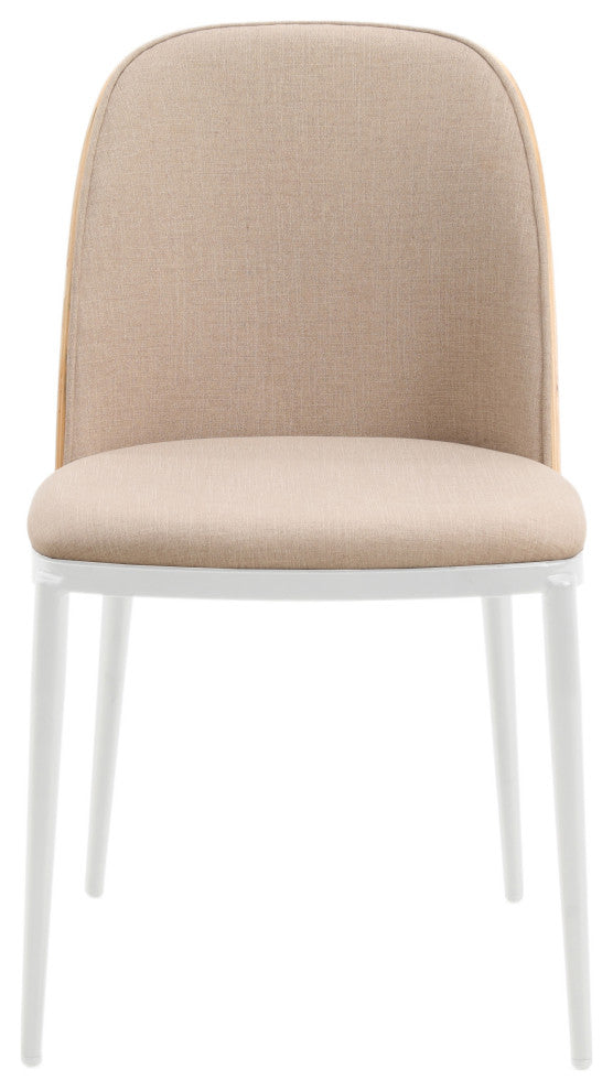 LeisureMod Tule Dining Chair With Upholstered Seat and White Steel Frame, Natural Wood/Brown