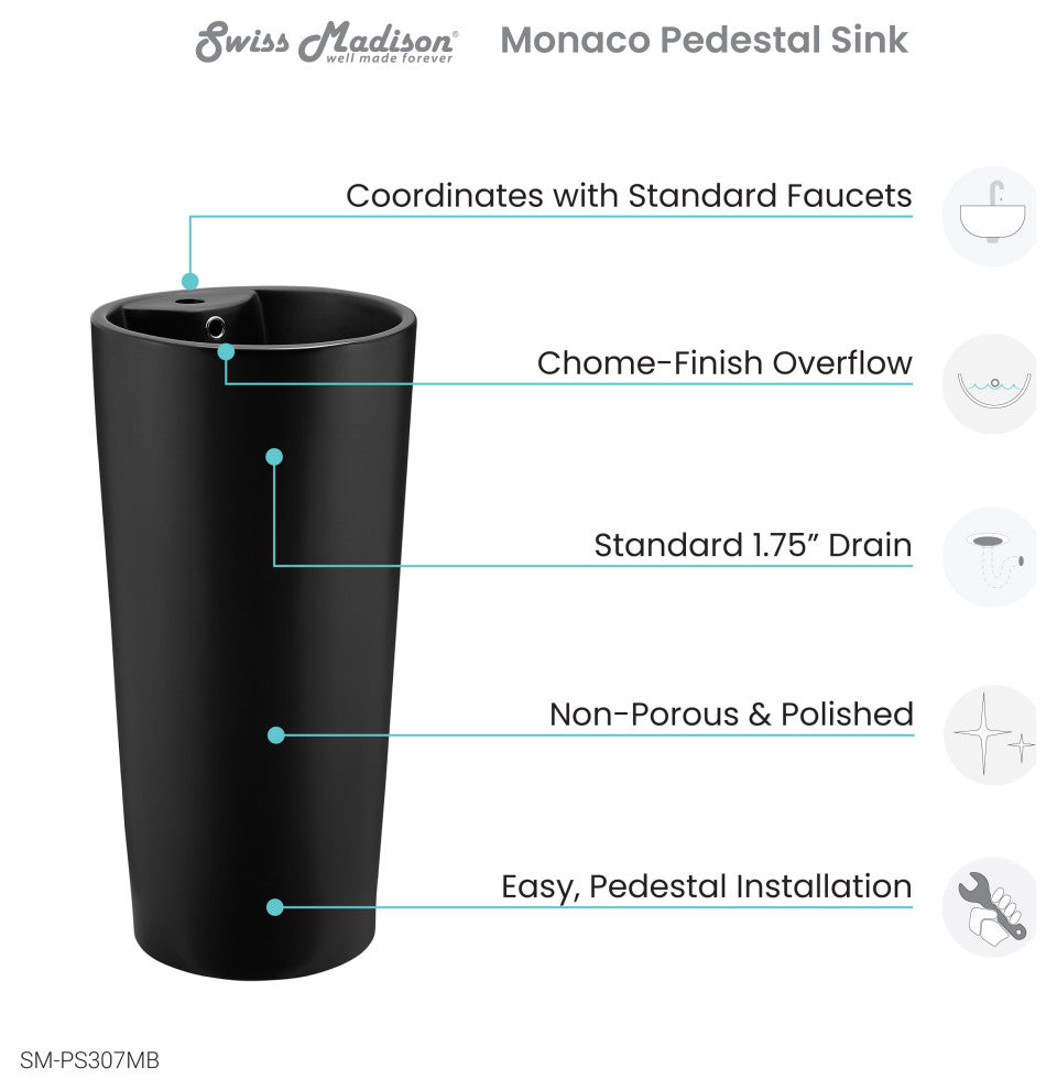 Monaco Circular Basin Pedestal Sink, Matte Black
