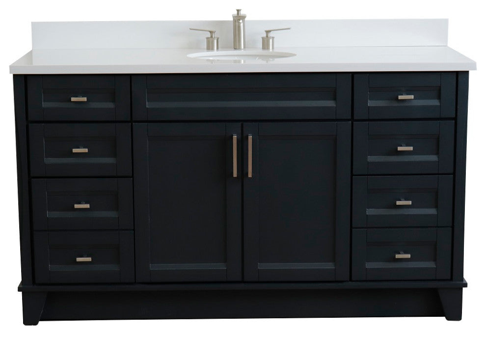 61" Single Sink Vanity, Dark Gray Finish And Engineered Stone Top And Oval Sink
