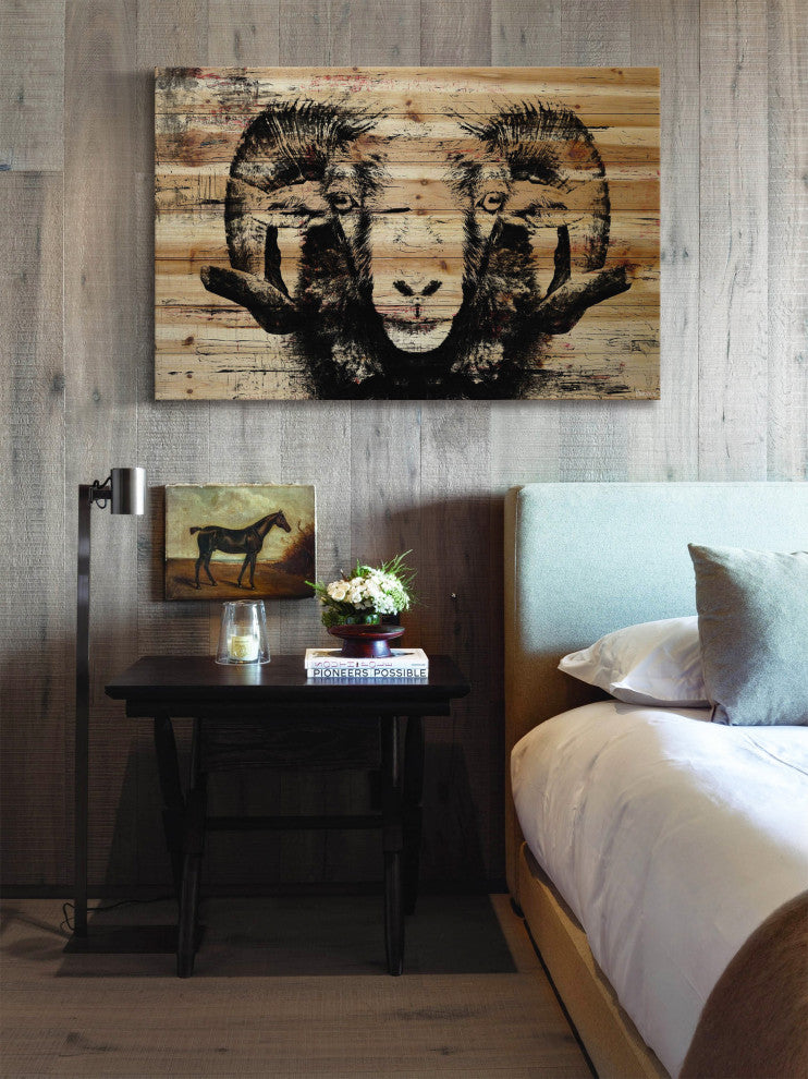 "Staring Ram Eyes" Painting Print on Natural Pine Wood, 36"x24"