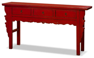 Vintage Distressed Red Elmwood Oriental Console Table with Drawers