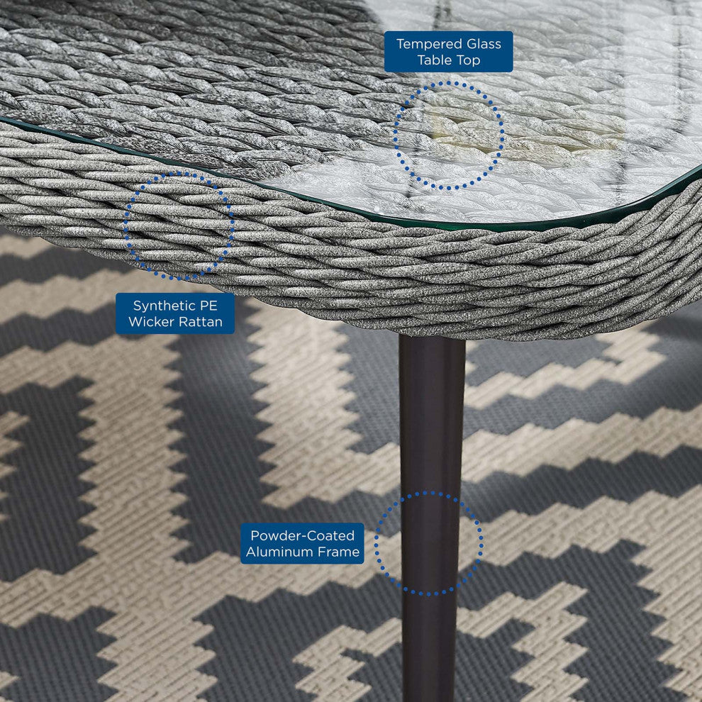 Lounge Coffee Table, Square, Gray, Rattan, Wicker, Glass, Modern, Outdoor
