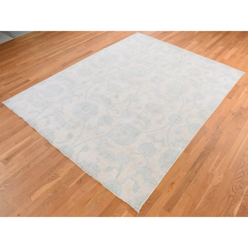 White Peshawar With Oushak Damask Design Pure Wool Hand Knotted Rug 8'x10'1"