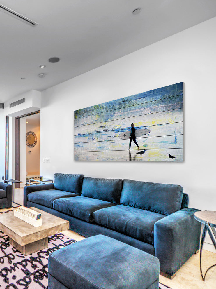 "Day of Surfing" Painting Print on White Wood, 40"x20"