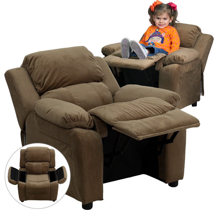 Deluxe Padded Kids Recliner With Storage Arms, Brown Microfiber