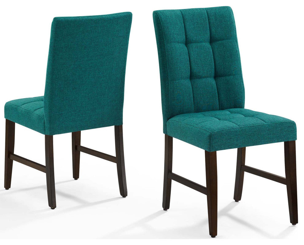 Tufted Side Dining Chair, Set of 2, Fabric, Wood, Teal Blue, Modern, Cafe Bistro