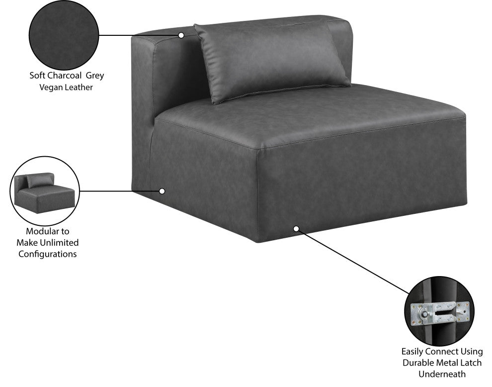 Cube Upholstered Modular Component, Grey, Vegan Leather, Armless Chair
