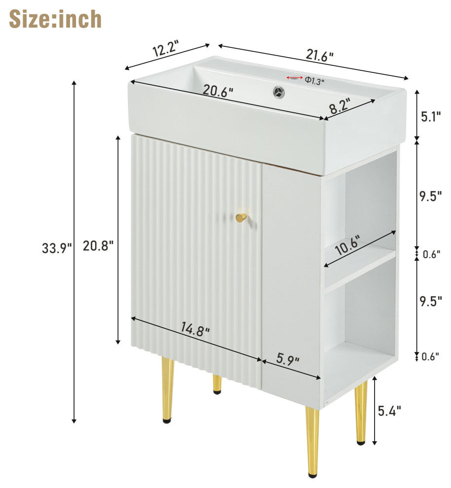 TATEUS 21.6 inch Single Ceramic Vessel Sink Bathroom Storage Cabinet, Right Side Storge