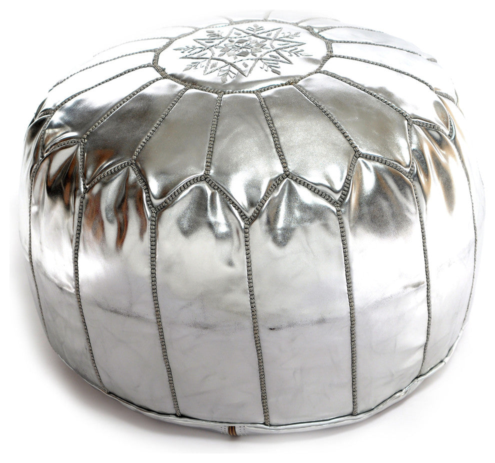 Moroccan Leather Pouf, Silver