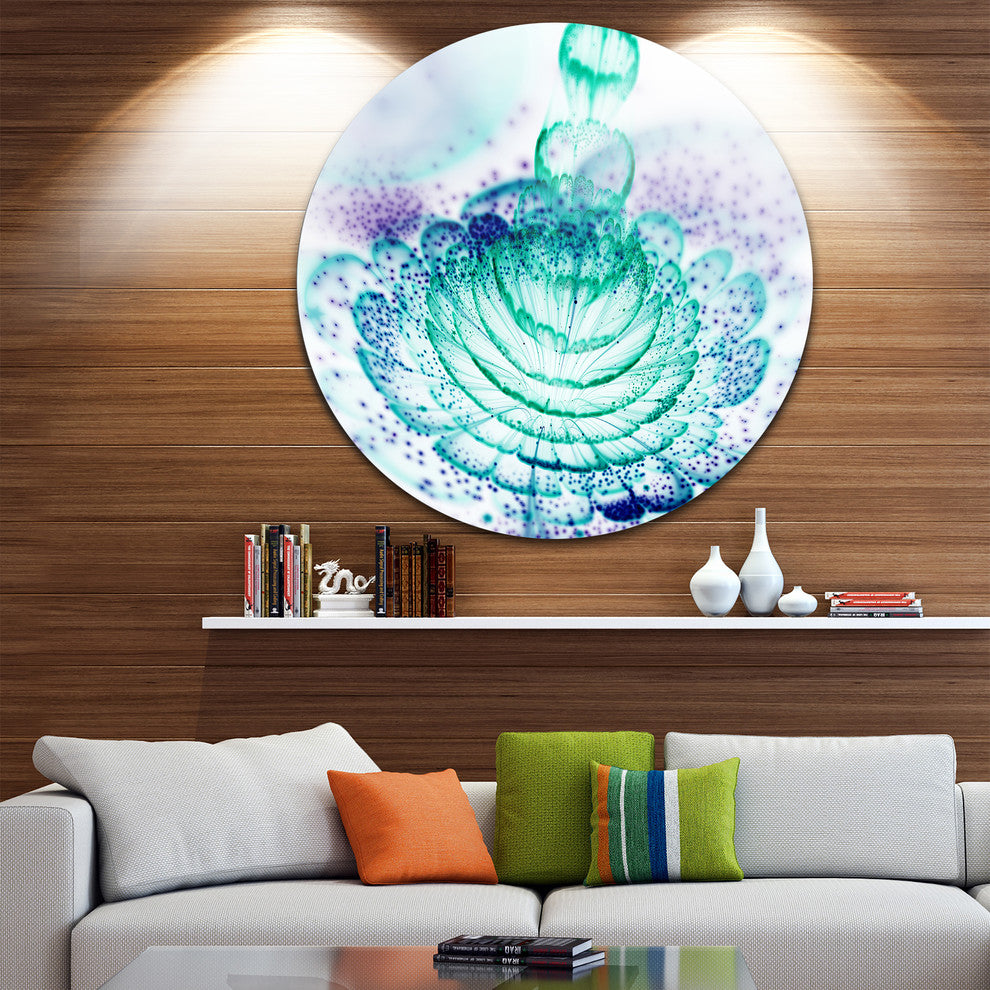 Glossy Light Blue Fractal Flower, Floral Round Metal Wall Art, 23"