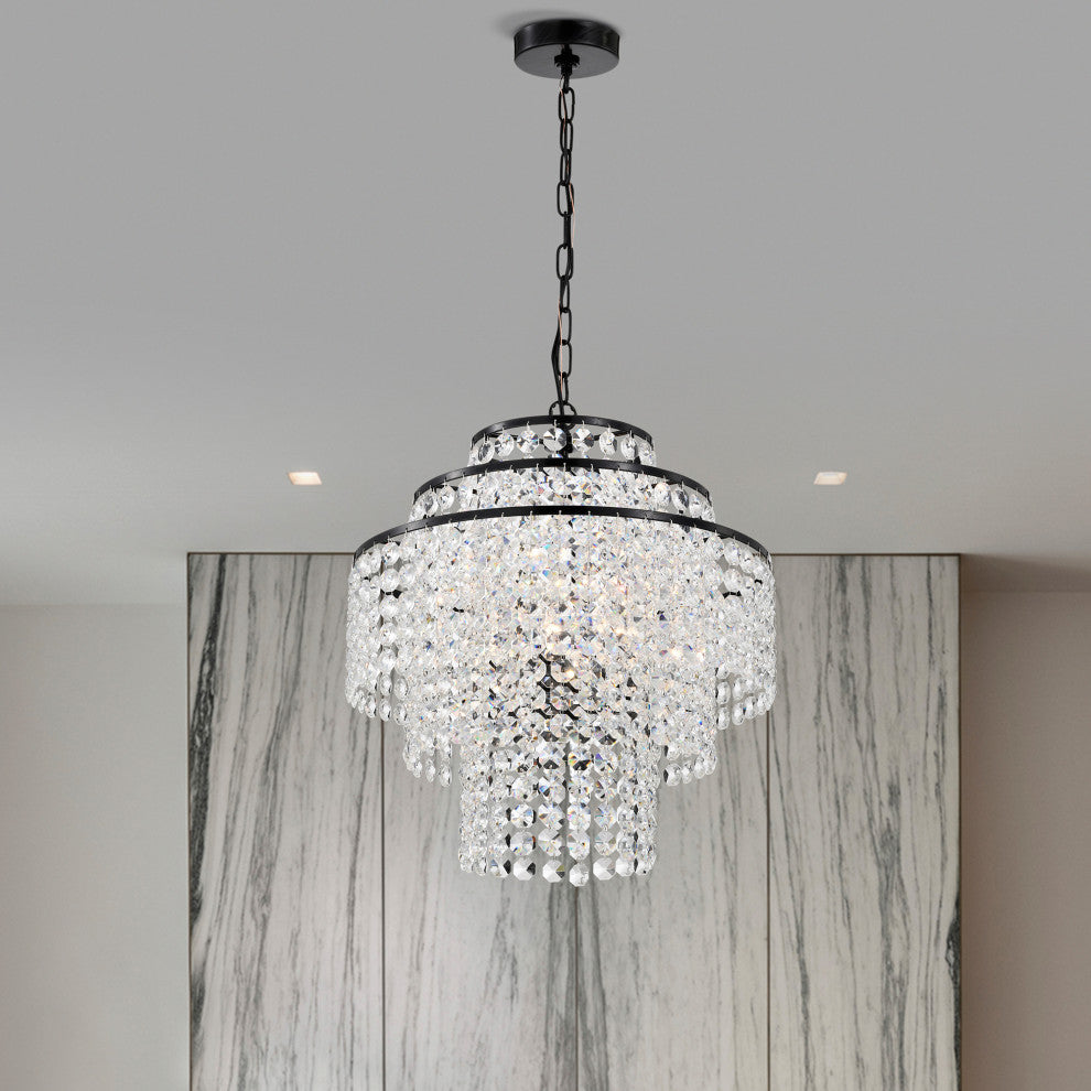 4-Light Antique Black Modern Glam Chandelier With Tier Cascading Crystals