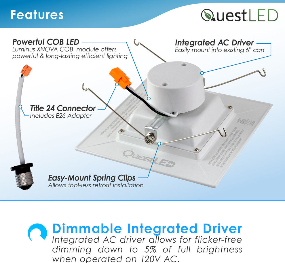 LED Square Retrofit Downlight, Dimmable, 120V, Warm White 3000k, 6", 4-Pack
