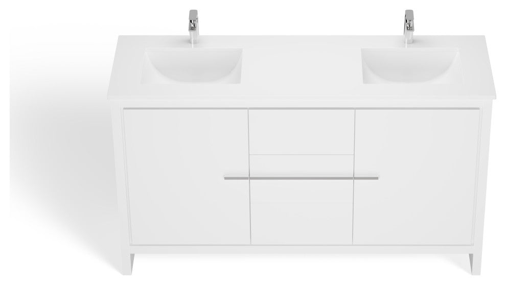 Esconde Bath Vanity, High Gloss White, 60", Double Sink, Freestanding