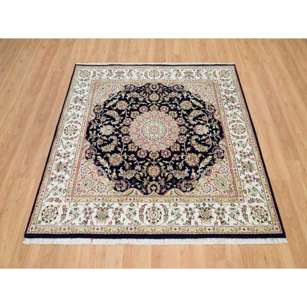 Blue, 250 KPSI, Natural Wool, Hand Knotted, Nain Design Square Rug, 6'3"x6'