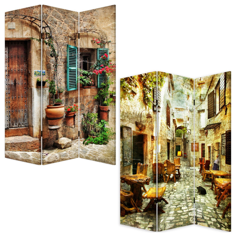 Benzara BM276725 3 Panel Room Divider, Streets, Flowers/Plants Multicolor