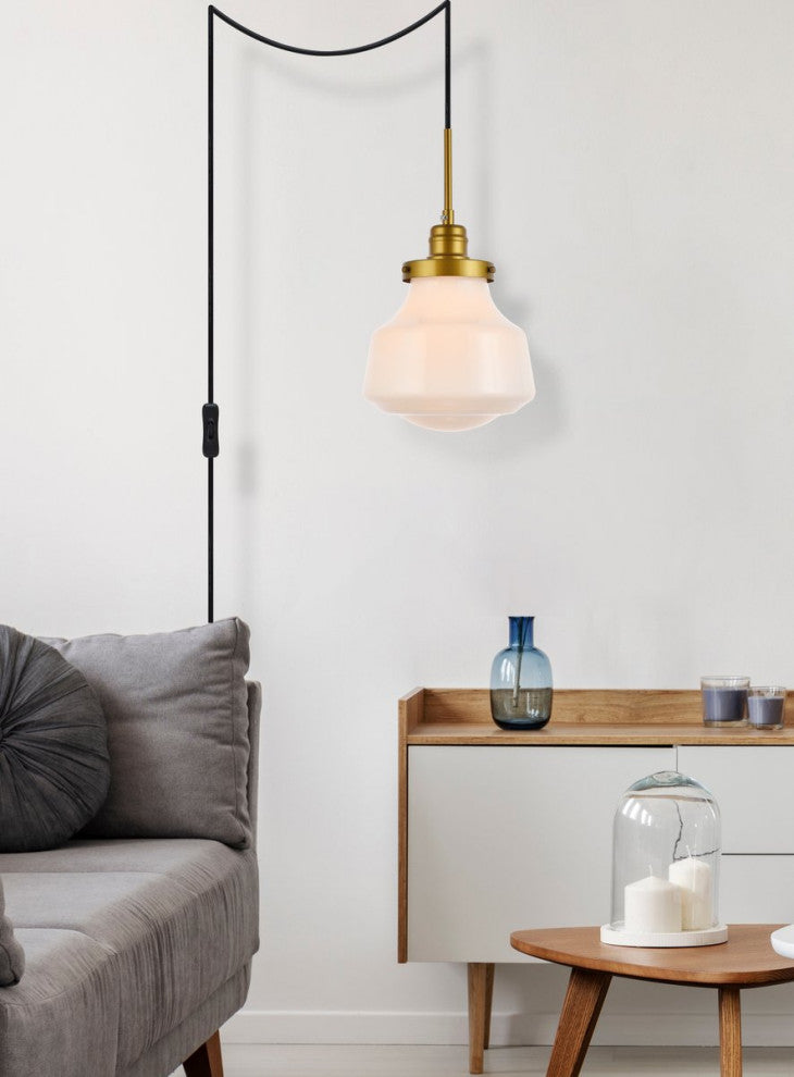 Leighton 1-Light Brass and frosted White Glass Plug-In Pendant