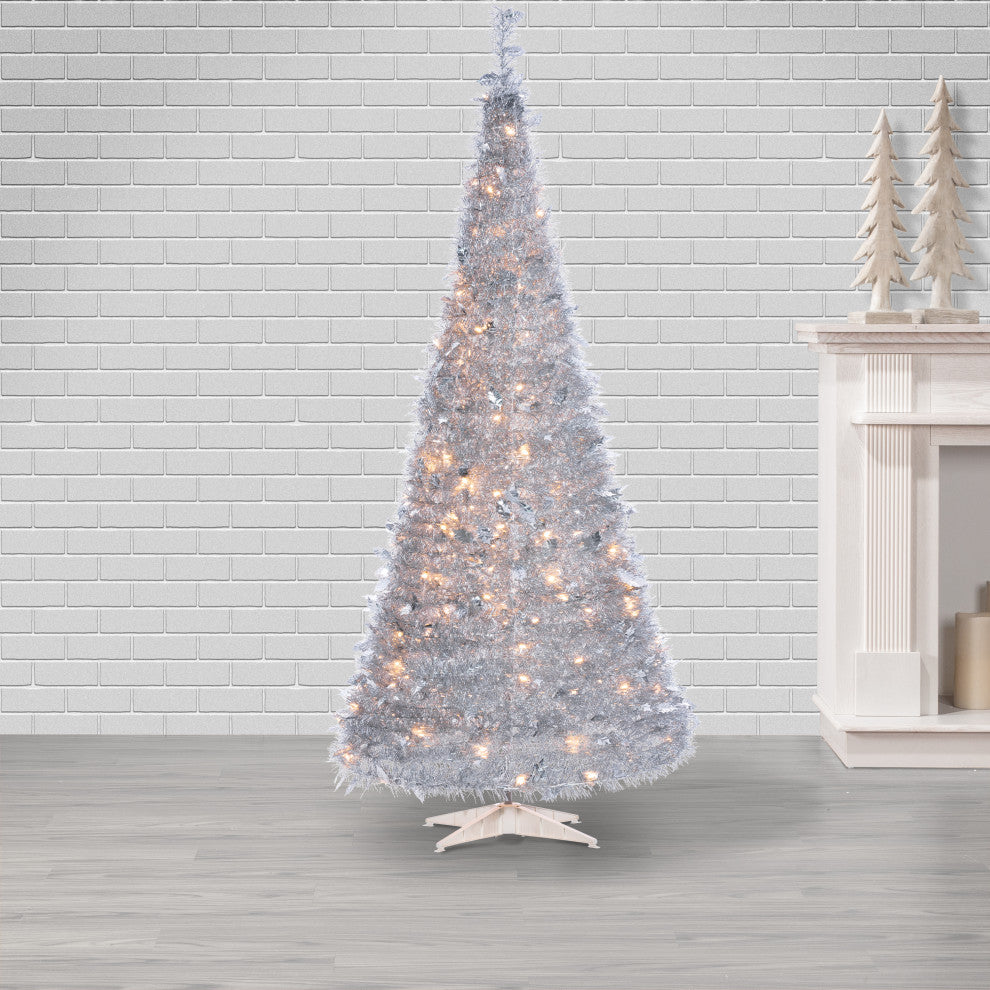 7.5' High Pop Up Pre-Lit Silver Tinsel Tree With 250 Warm White Lights