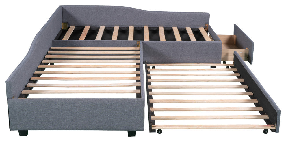 Gewnee Upholstered Double Twin Size Daybed with Trundle and Drawer in Gray