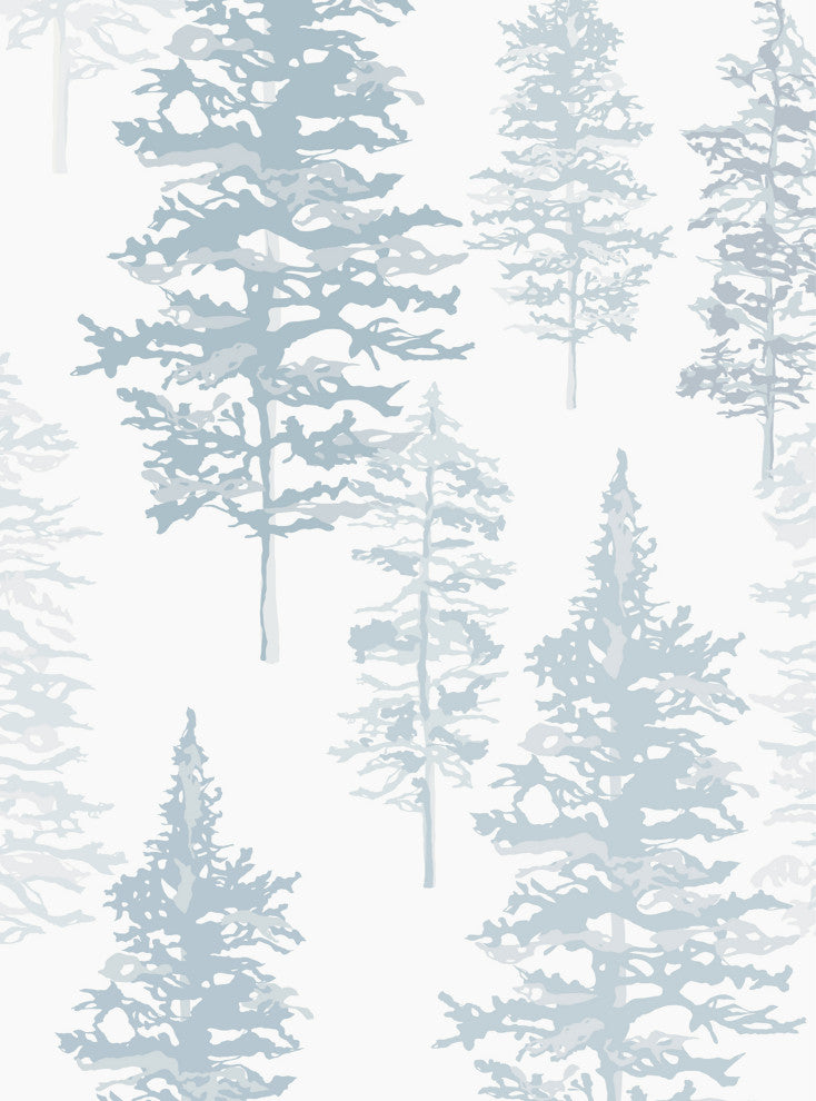 Illustrated Evergreen Forest Peel and Stick Vinyl Wallpaper, Winter Blue, 24"x108"