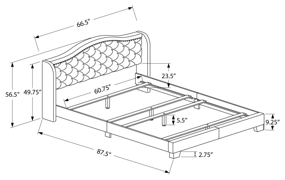 Bed, Queen Size, Platform, Frame, Upholstered, Velvet, Wood Legs, Grey