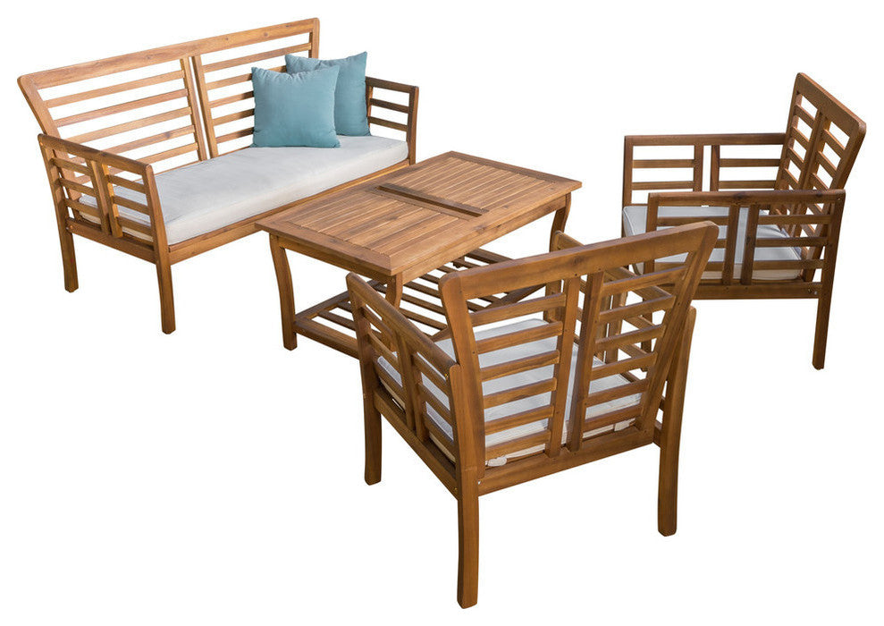 GDF Studio 4-Piece Louis Outdoor Solid Wood Chat With Cushions Set