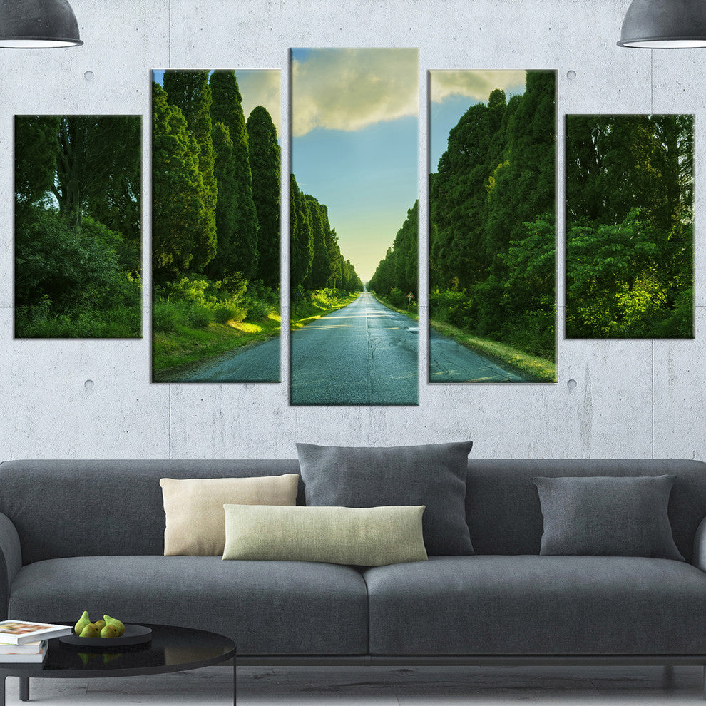 Straight Cypress Trees Boulevard, Modern Landscape Canvas Art, 60"x32", 5 Panels