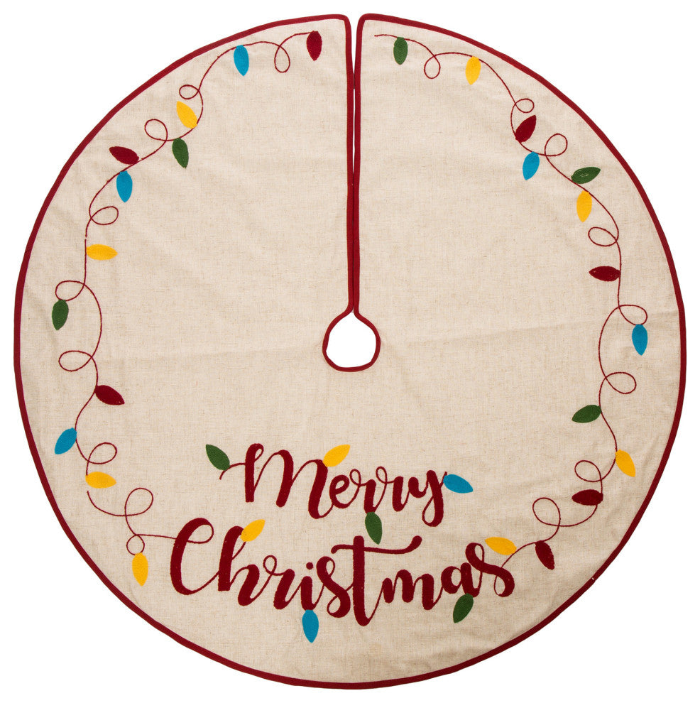 Set of 3 LED Embroidered Linen Christmas Decoration, Stocking and Tree Skirt