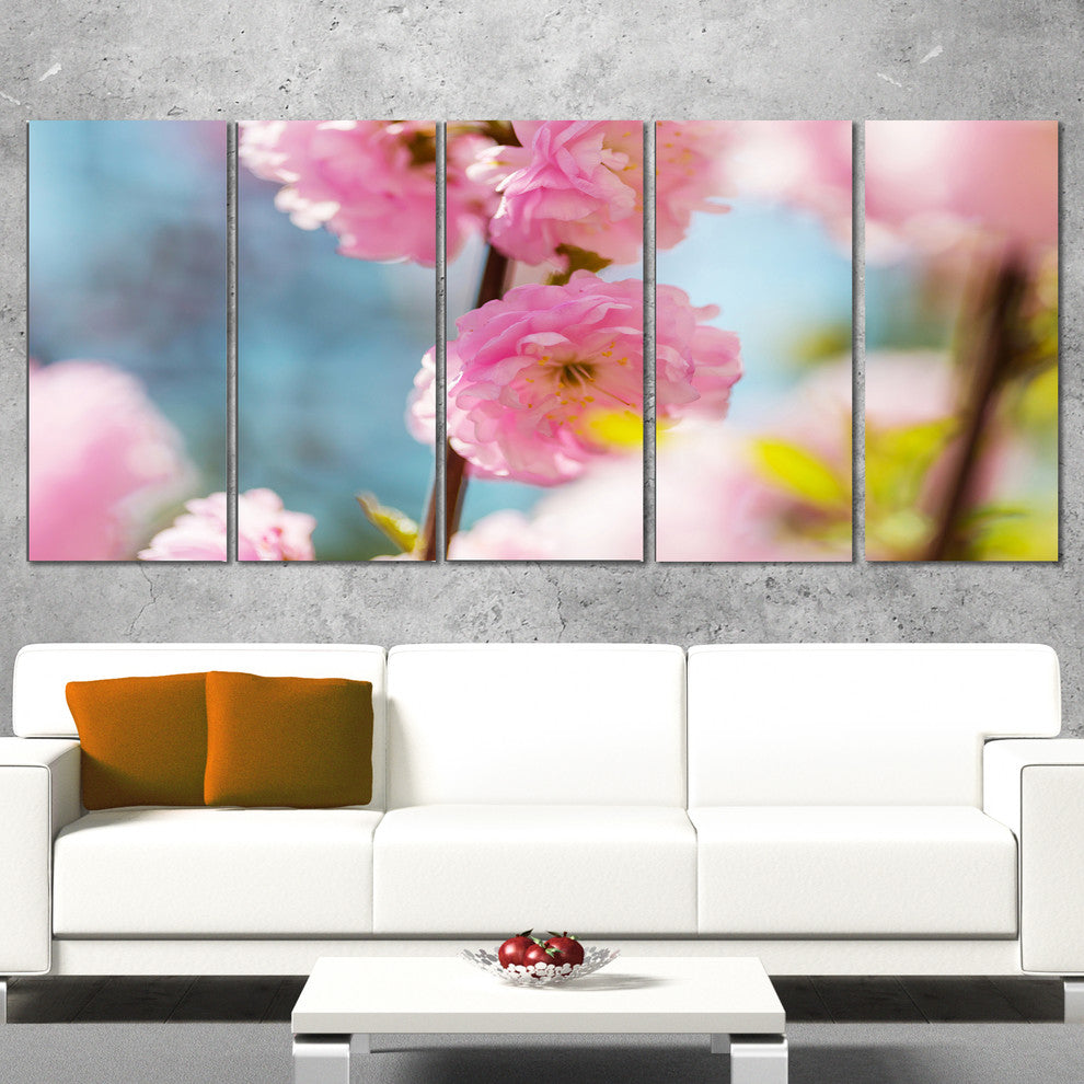 Almond Tree Pink Flowers, Large Flower Canvas Wall Art, 60"x28", 5 Panels