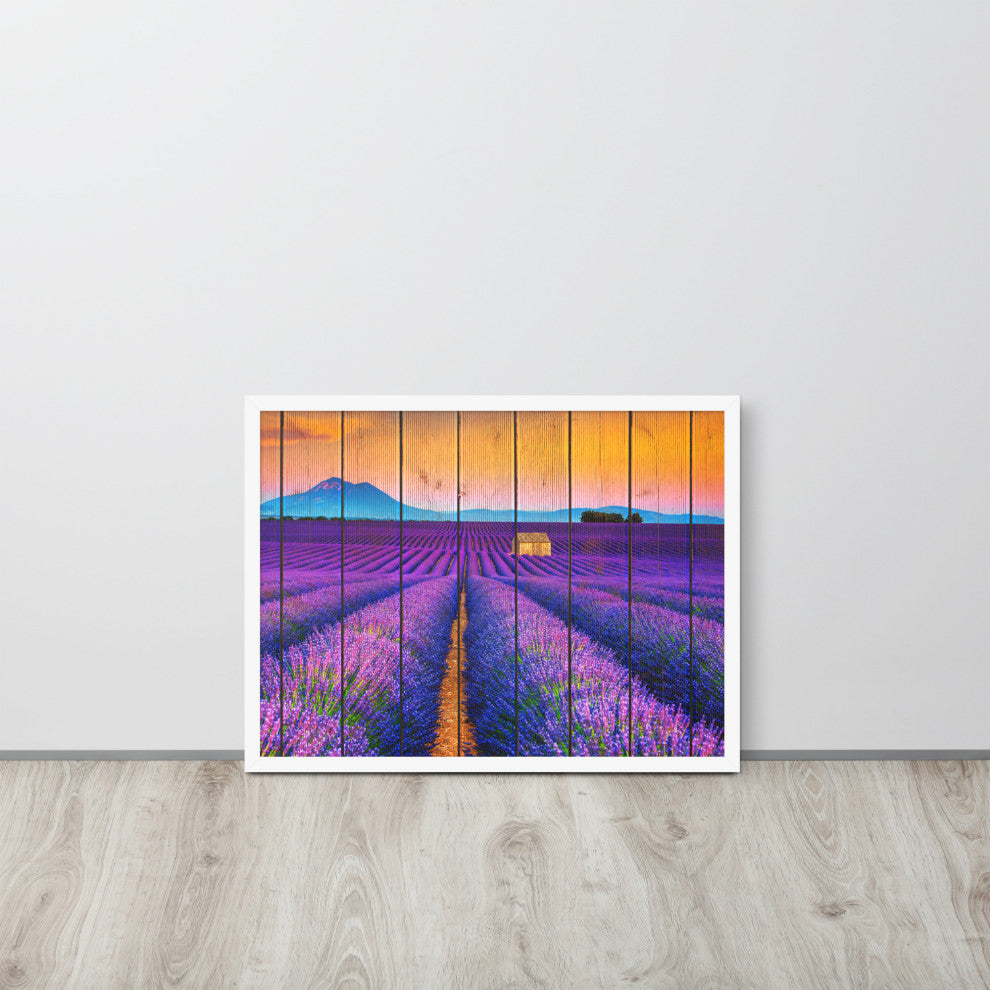 Faux Wood Lavender Fields and Sunset Landscape Framed Photo Paper Wall Art Print, White, 18" X 24"