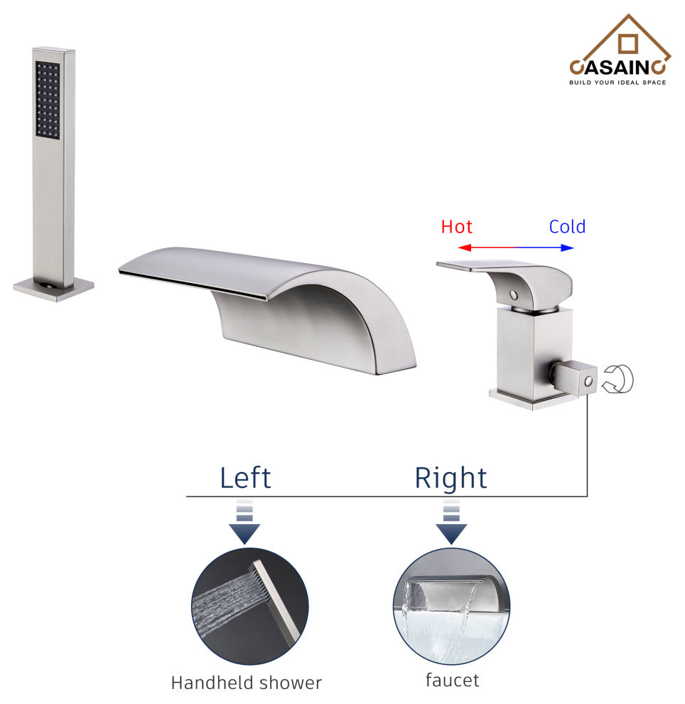 CASAINC Roman Tub Luxury Waterfall Faucet Set Spout w Hand Shower, Brushed Nickel