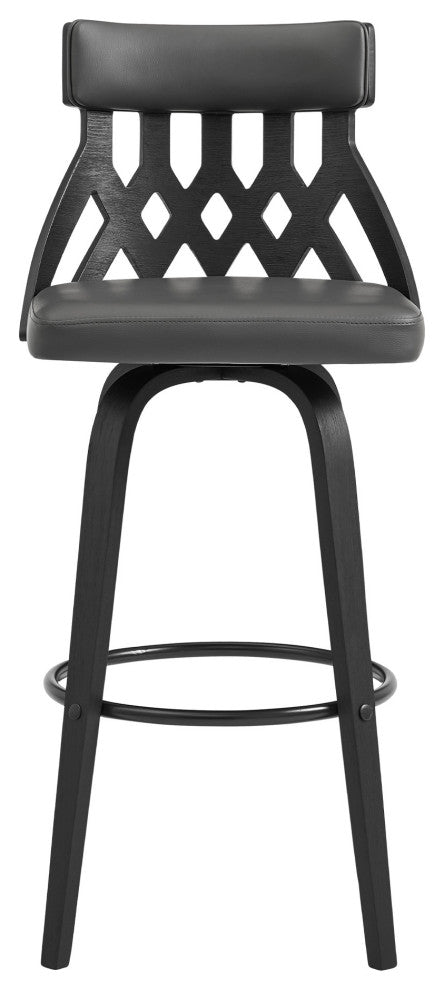 26" Gray Faux Leather Curved Back Walnut Wood Swivel Bar Stool